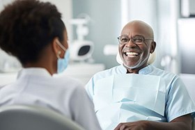 Happy senior patient laughing with dental team member